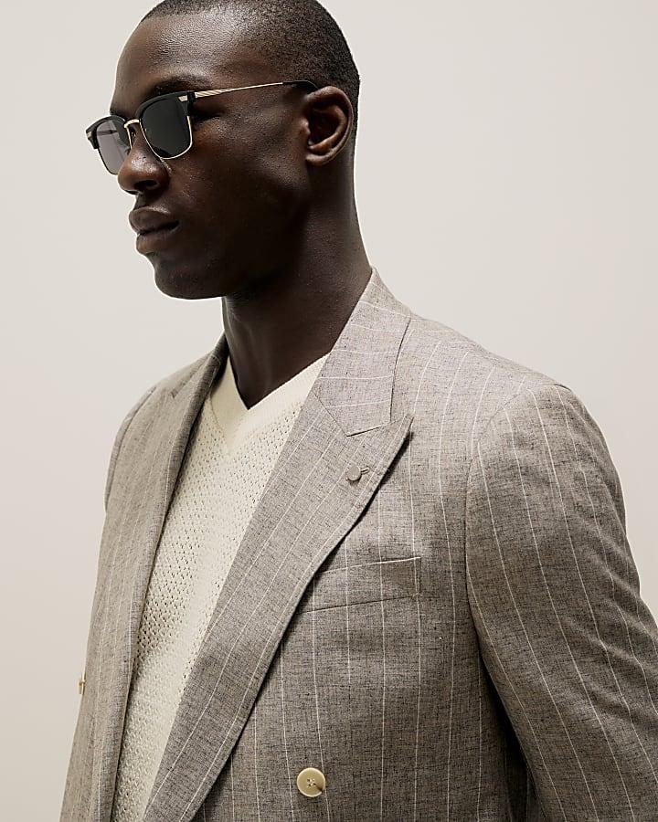 River Island Grey Slim Fit Stripe Linen Blend Suit Jacket