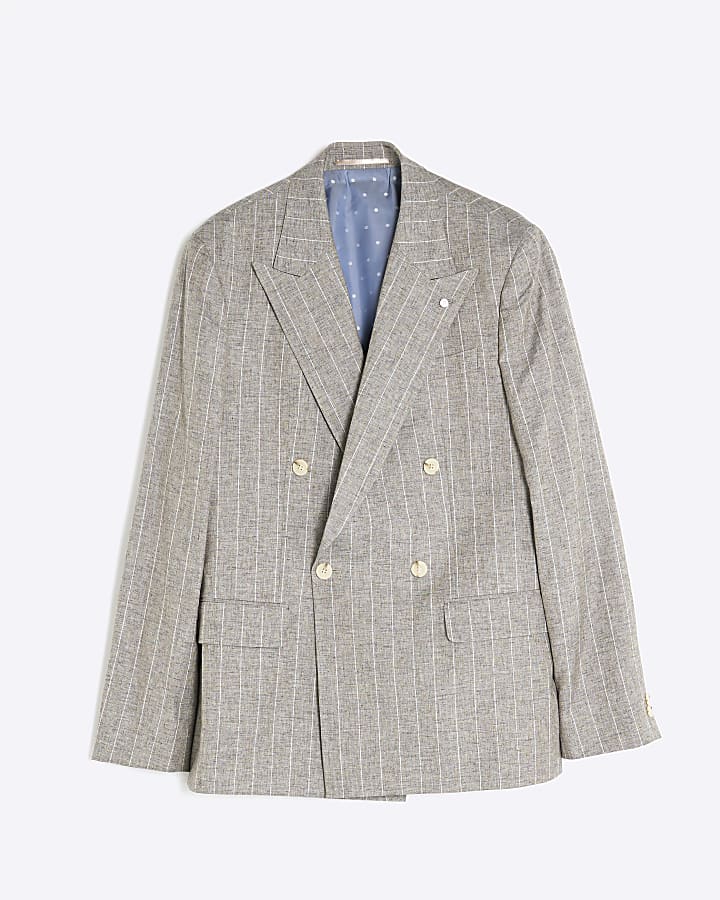 river island Grey Slim Fit Stripe Linen Blend Suit Jacket