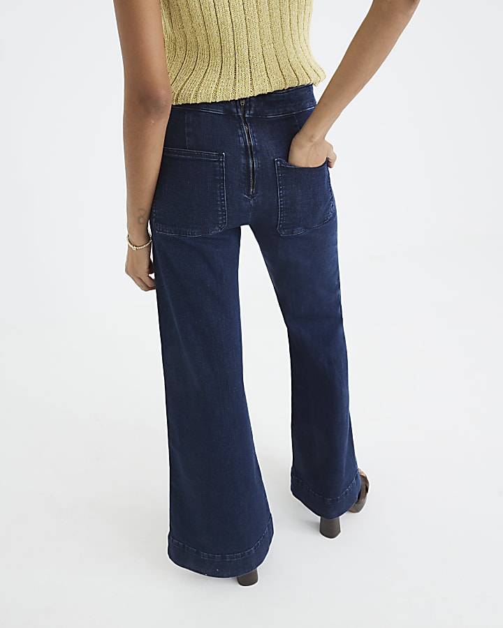River Island Indigo High Rise Palazzo Button Detail Jeans