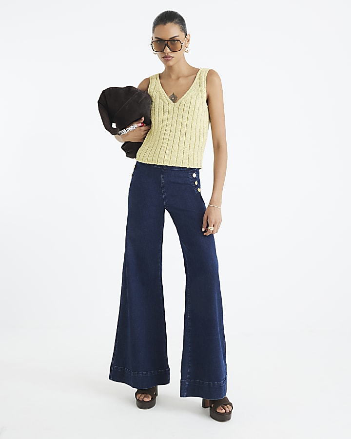 River Island Indigo High Rise Palazzo Button Detail Jeans