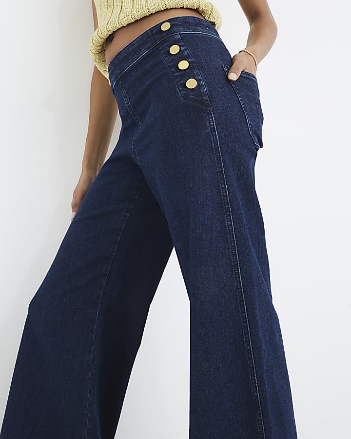River Island Indigo High Rise Palazzo Button Detail Jeans