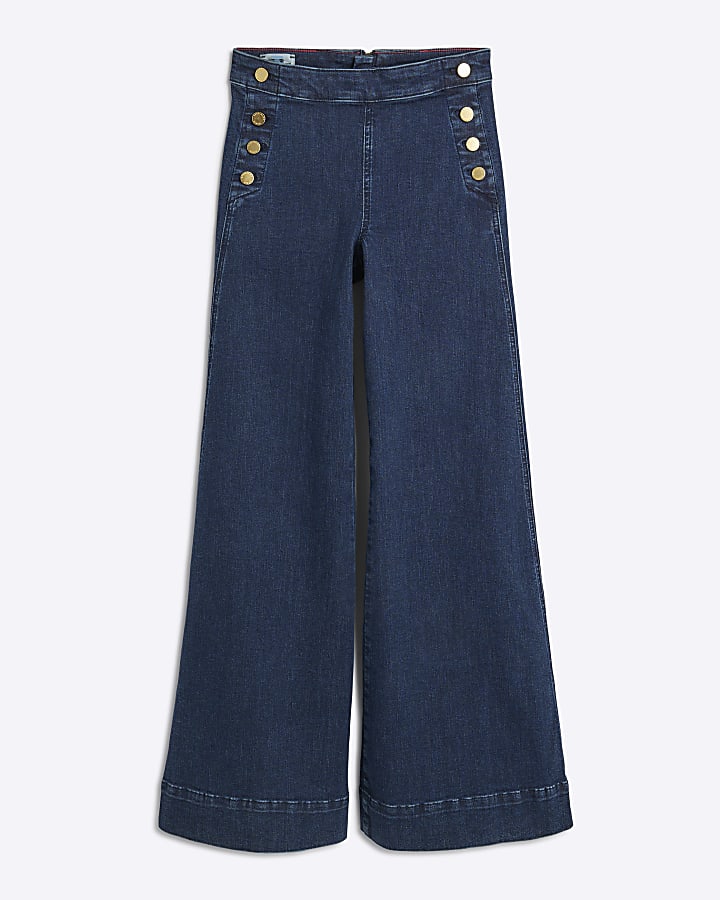 river island Indigo High Rise Palazzo Button Detail Jeans