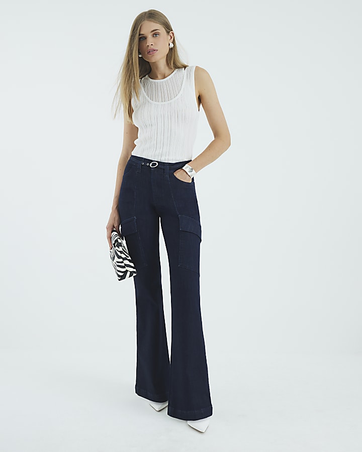 River Island Indigo High Rise Relaxed Flared Cargo Jeans