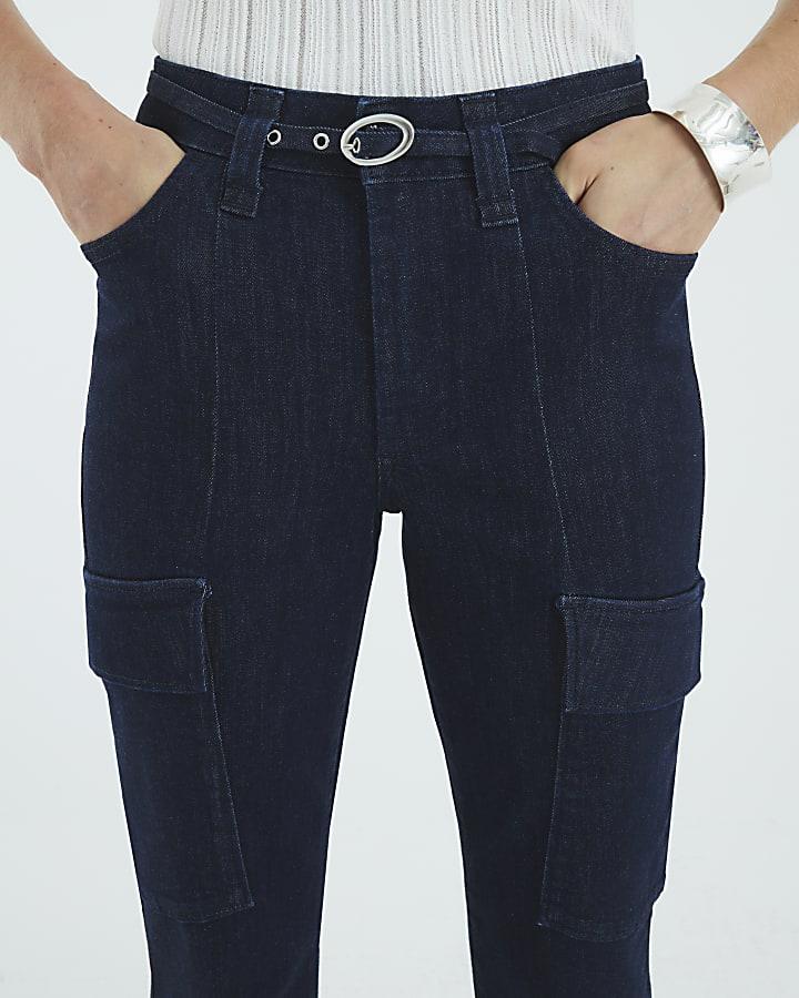 River Island Indigo High Rise Relaxed Flared Cargo Jeans