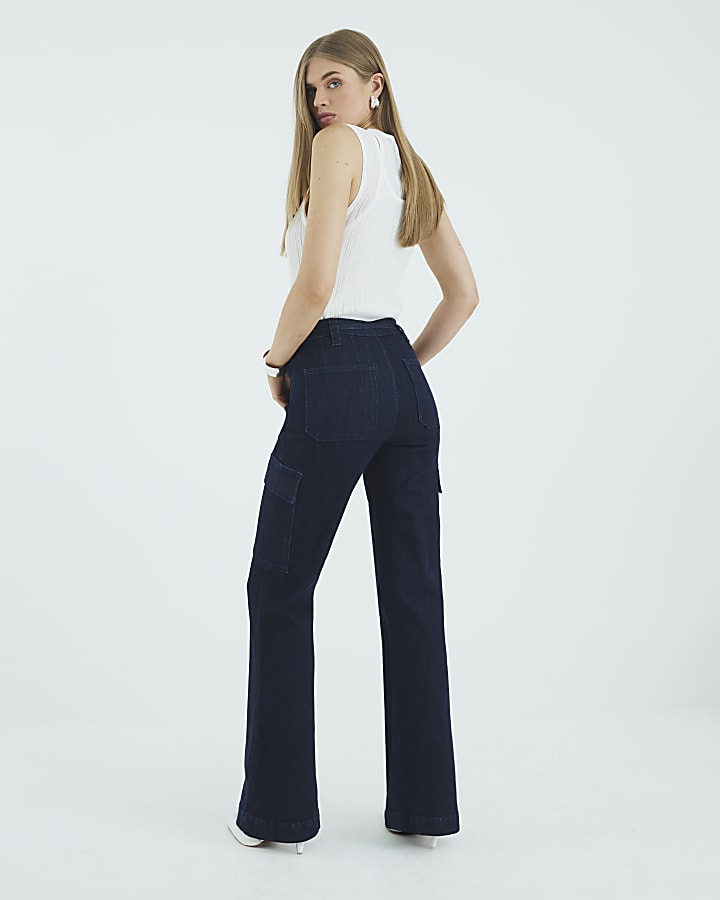 River Island Indigo High Rise Relaxed Flared Cargo Jeans