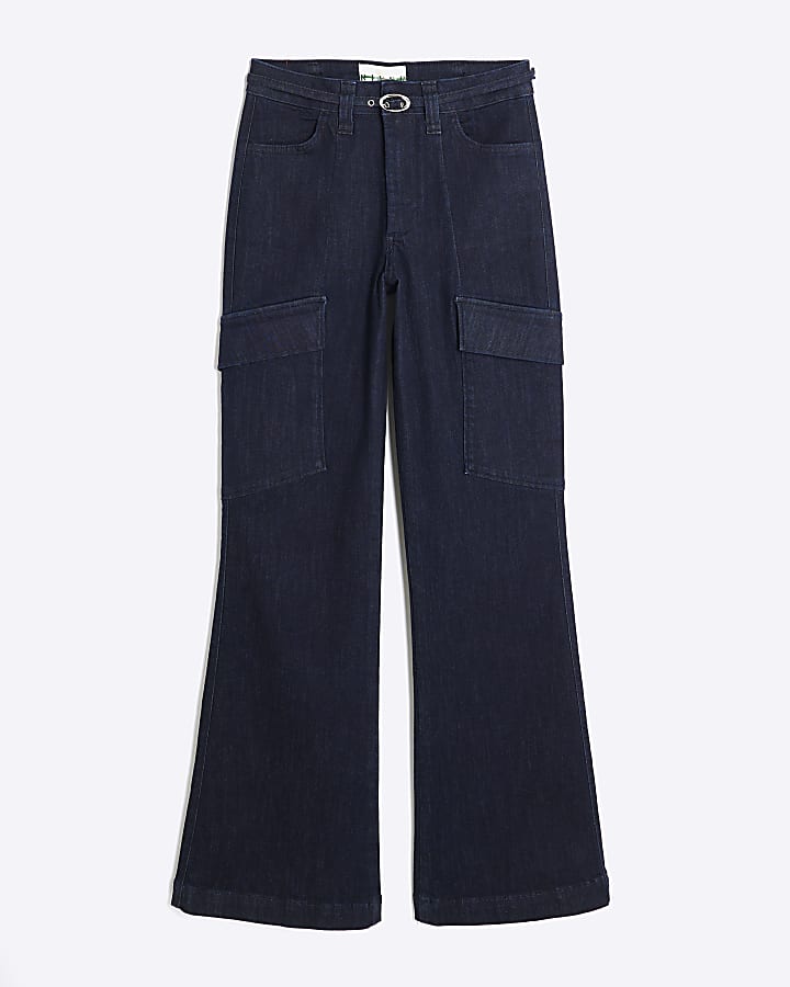 river island Indigo High Rise Relaxed Flared Cargo Jeans