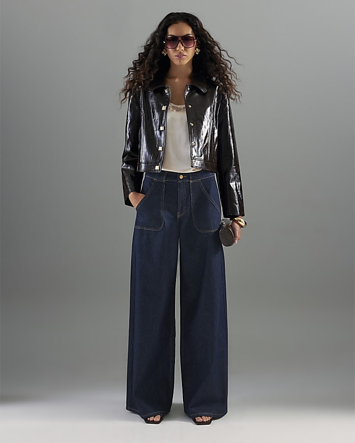 River Island Indigo Mid Rise Tailored Wide Leg Jeans