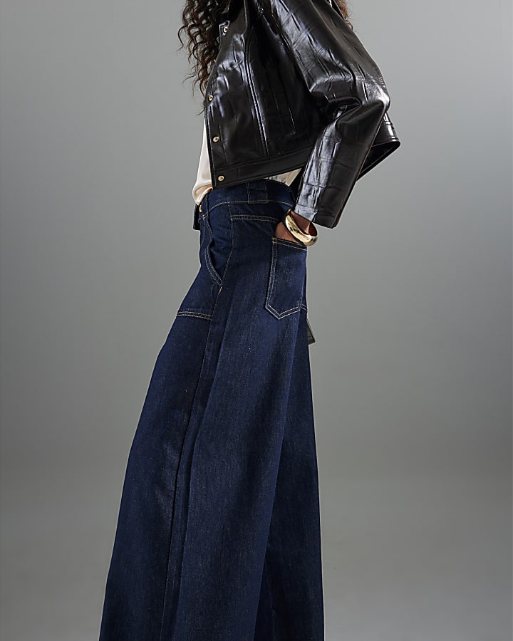 River Island Indigo Mid Rise Tailored Wide Leg Jeans