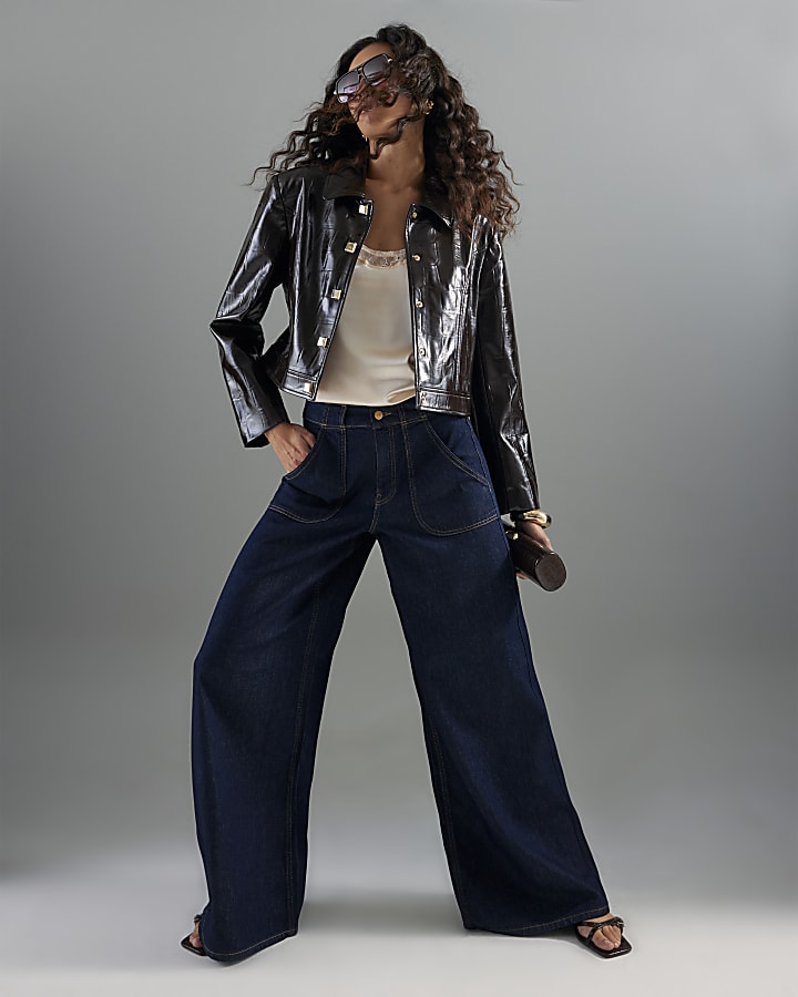River Island Indigo Mid Rise Tailored Wide Leg Jeans