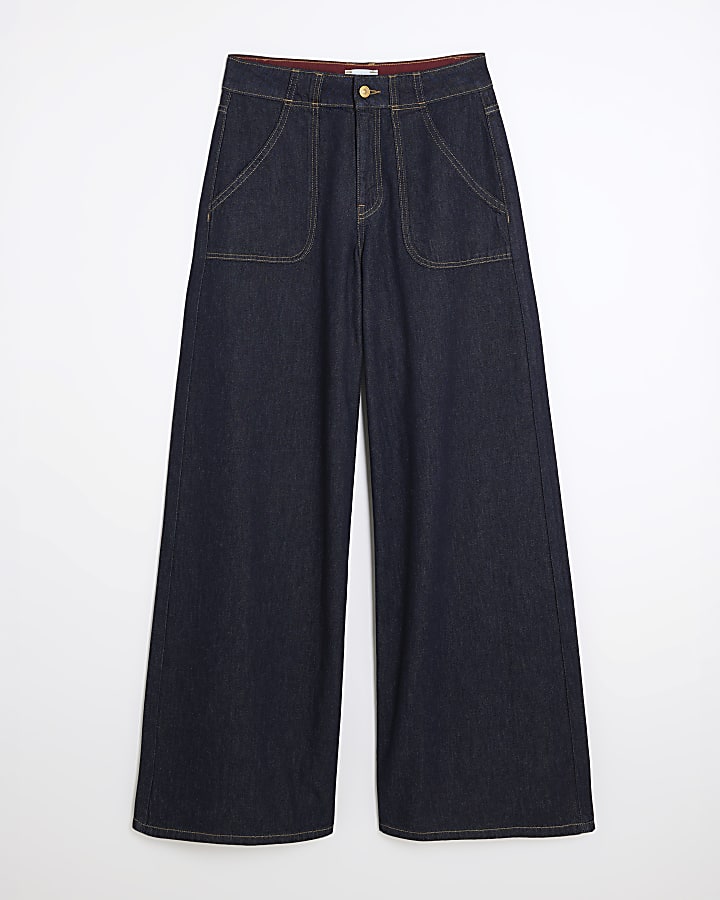 river island Indigo Mid Rise Tailored Wide Leg Jeans