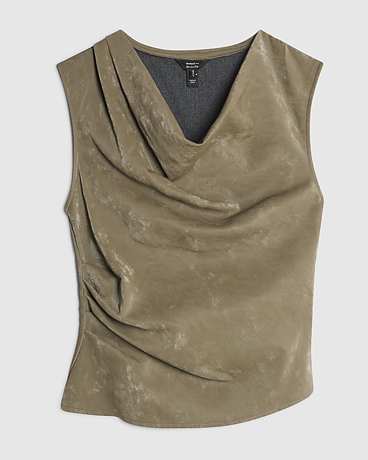 river island Khaki Faux Leather Hammered Ruched Detail Top