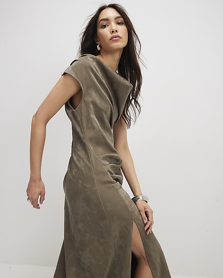 River Island Khaki Hammered Effect Cowl Neck Midi Dress