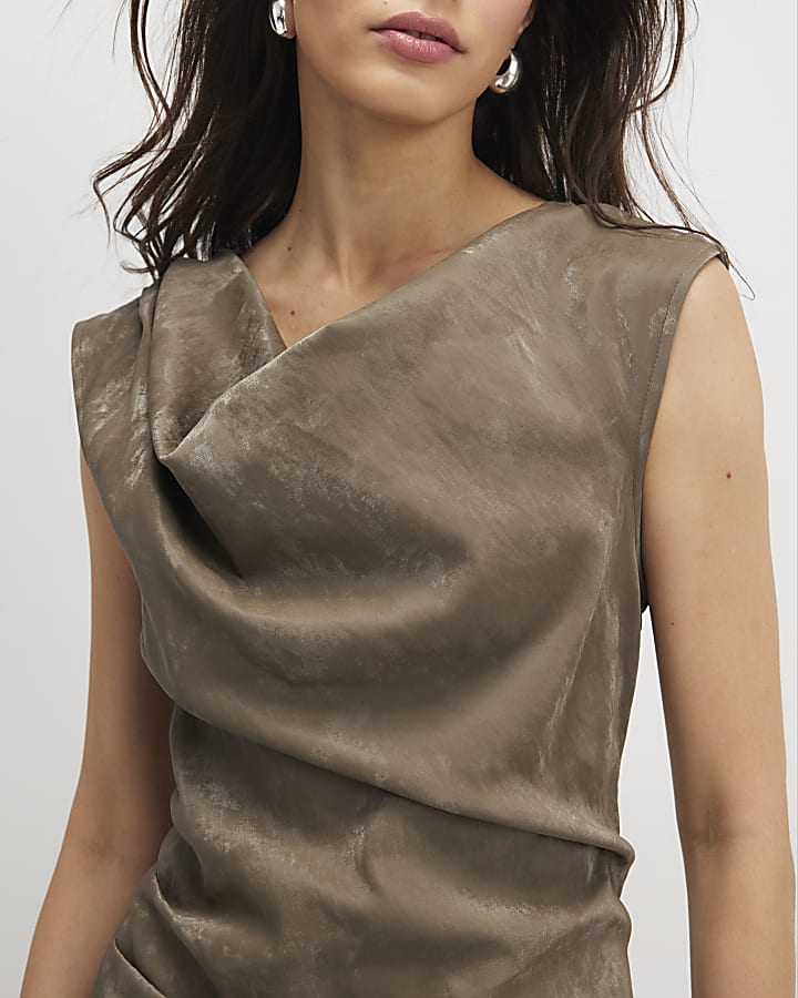 River Island Khaki Hammered Effect Cowl Neck Midi Dress