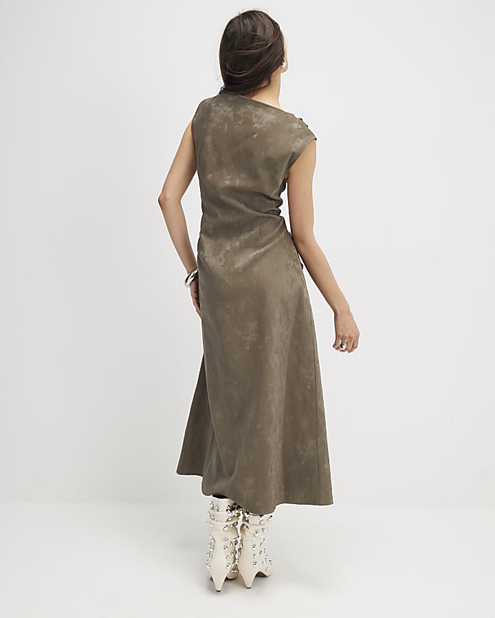 River Island Khaki Hammered Effect Cowl Neck Midi Dress