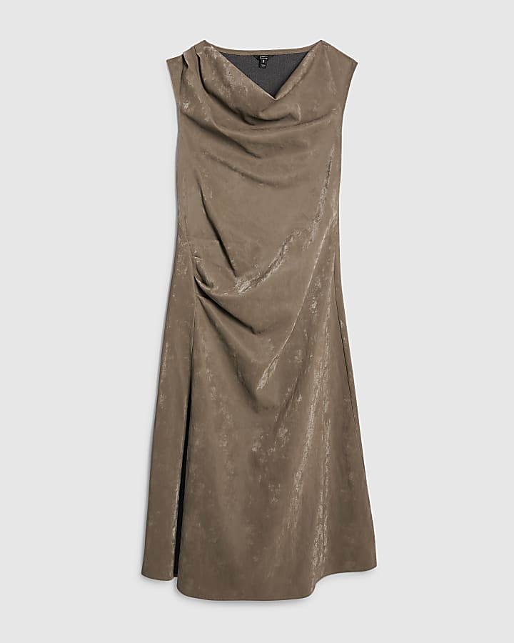river island Khaki Hammered Effect Cowl Neck Midi Dress