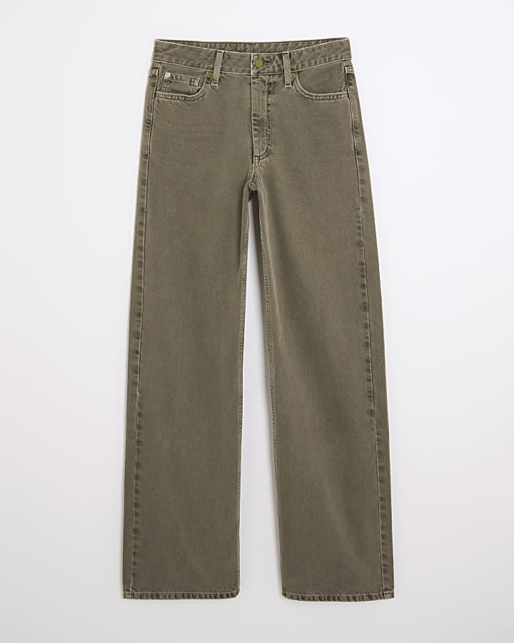 river island Khaki High Rise Relaxed Straight Leg Jeans