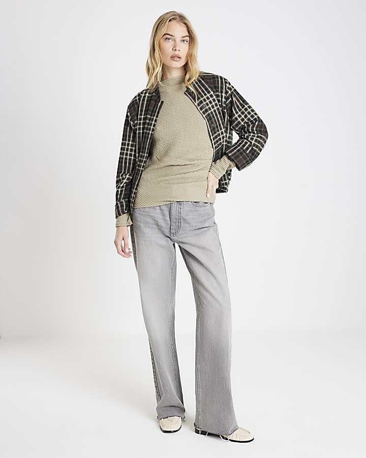River Island Khaki Long Sleeve Waffle Textured Drape Top