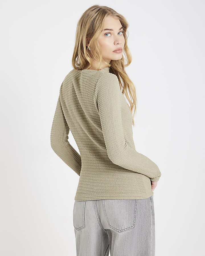River Island Khaki Long Sleeve Waffle Textured Drape Top