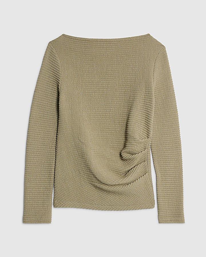 river island Khaki Long Sleeve Waffle Textured Drape Top