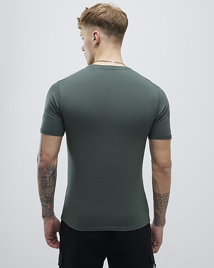 River Island Khaki Mixed Muscle Fit Pack Of 3 T-Shirts
