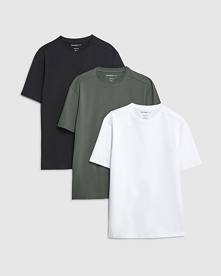 river island Khaki Mixed Muscle Fit Pack of 3 T-Shirts