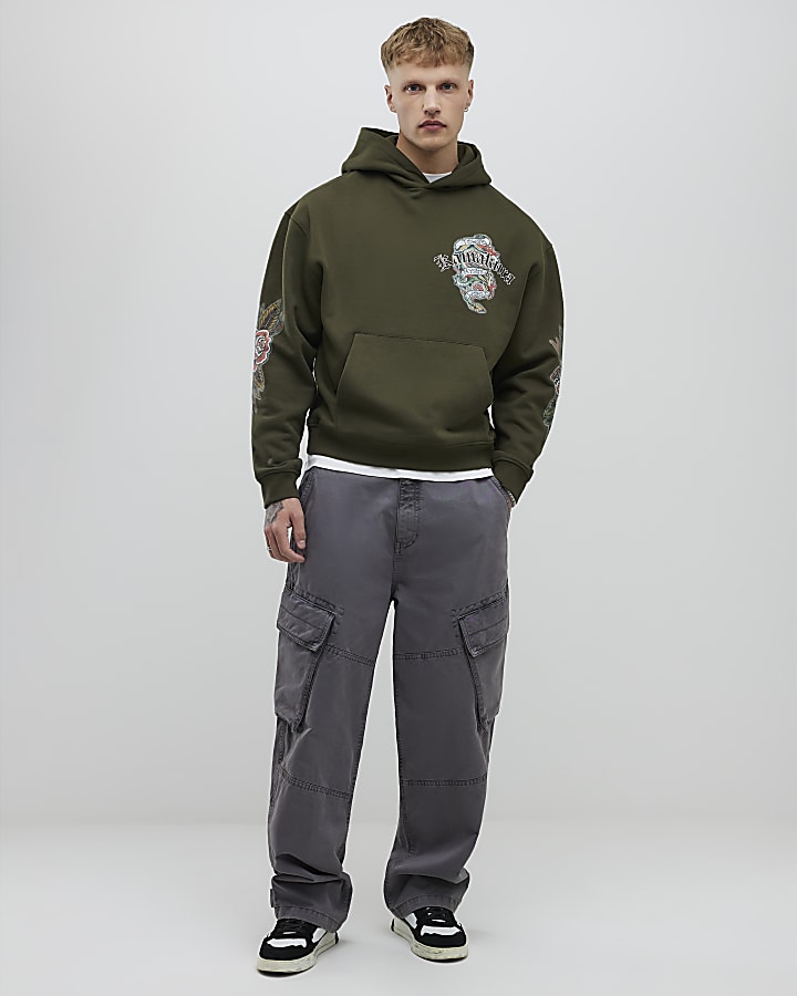 River Island Khaki Oversized Fit Japanese Kamakura Hoodie