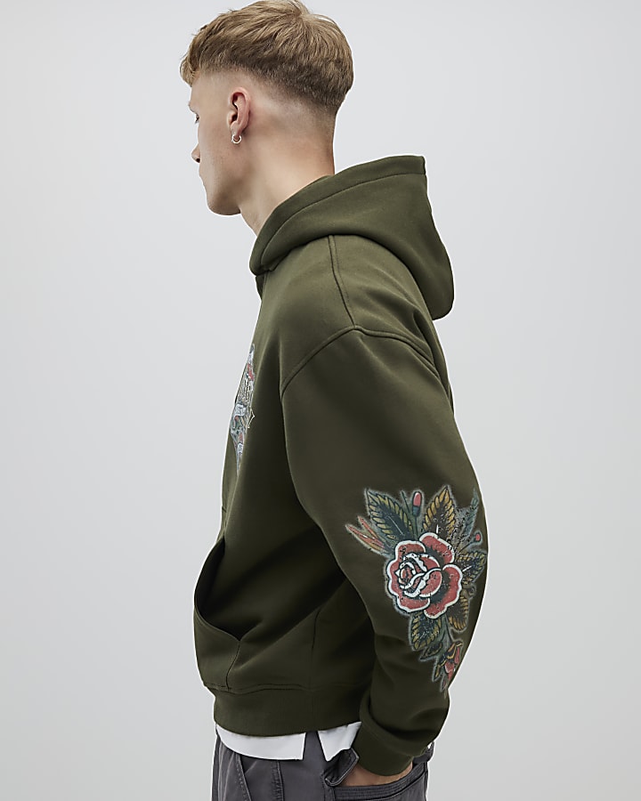 River Island Khaki Oversized Fit Japanese Kamakura Hoodie