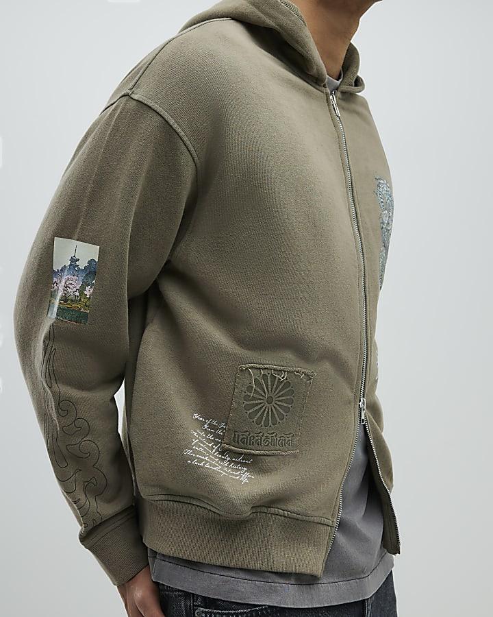 River Island Khaki Oversized Fit Japanese Patch Hoodie