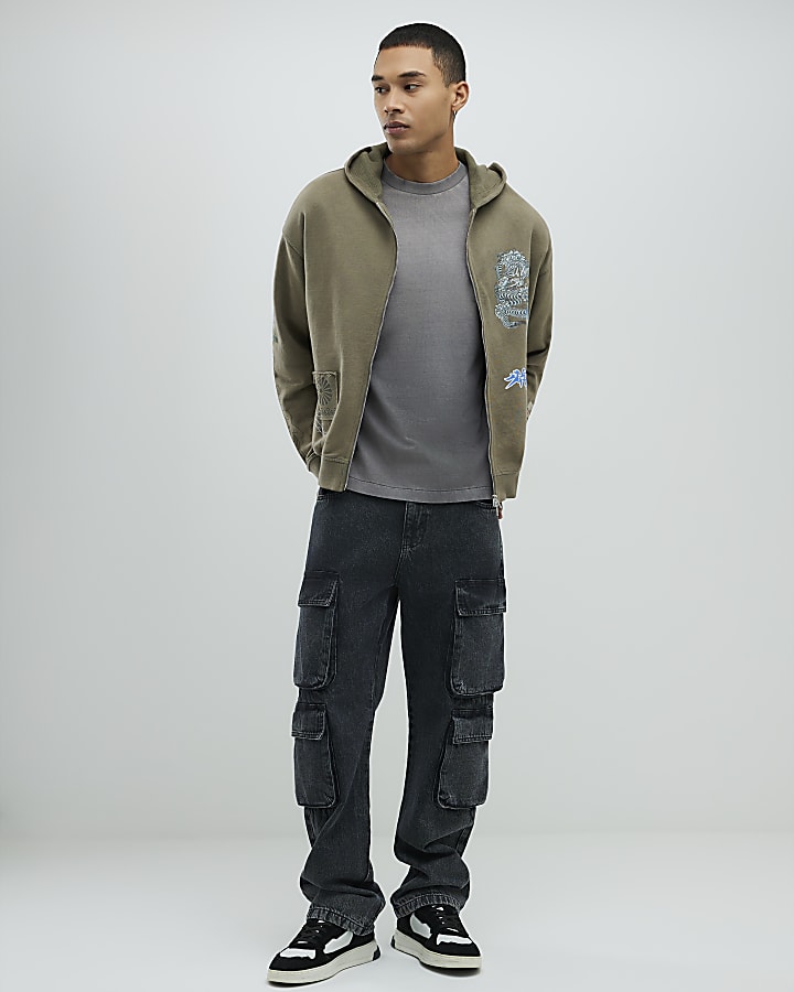 River Island Khaki Oversized Fit Japanese Patch Hoodie