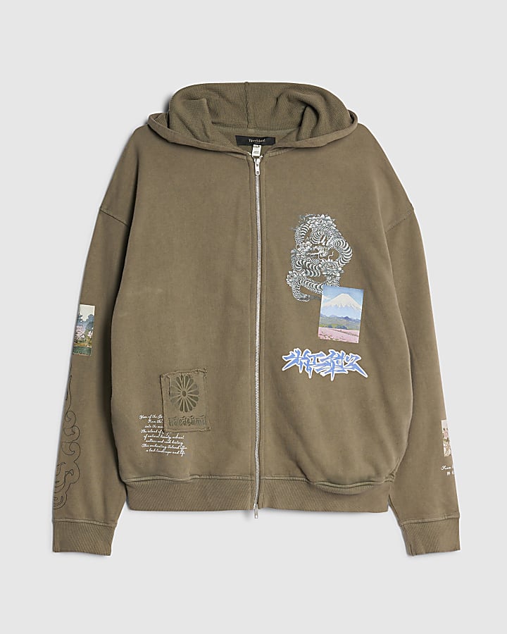 river island Khaki Oversized Fit Japanese Patch Hoodie