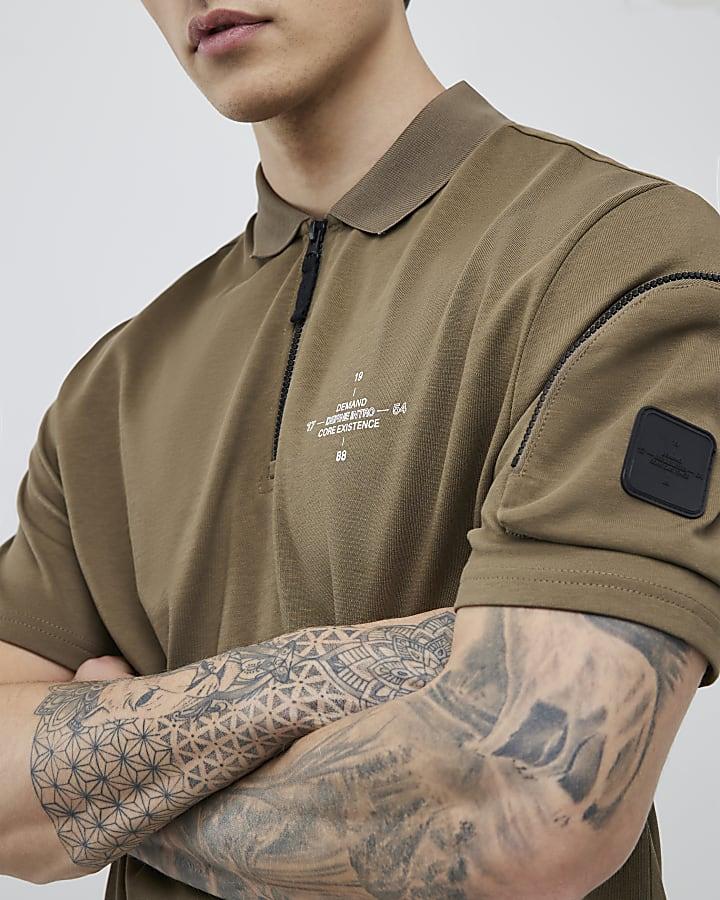 River Island Khaki Regular Fit Arm Badge Pocket Polo Shirt