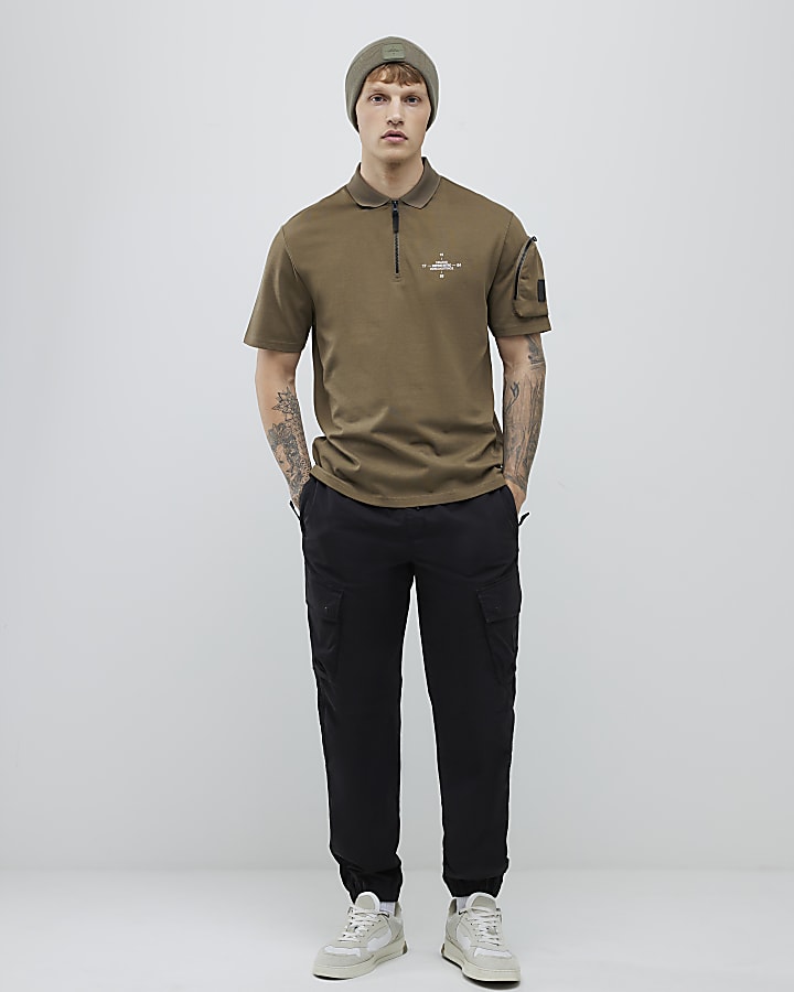 River Island Khaki Regular Fit Arm Badge Pocket Polo Shirt