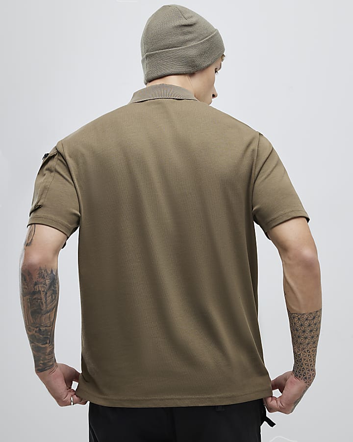 River Island Khaki Regular Fit Arm Badge Pocket Polo Shirt