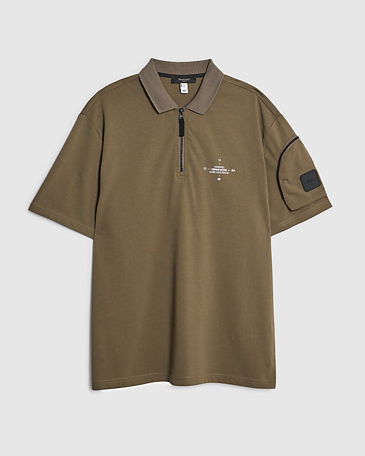 river island Khaki Regular Fit Arm Badge Pocket Polo Shirt