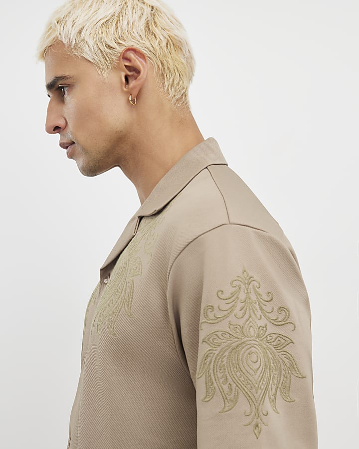 River Island Khaki Regular Fit Paisley Embroidery Shirt