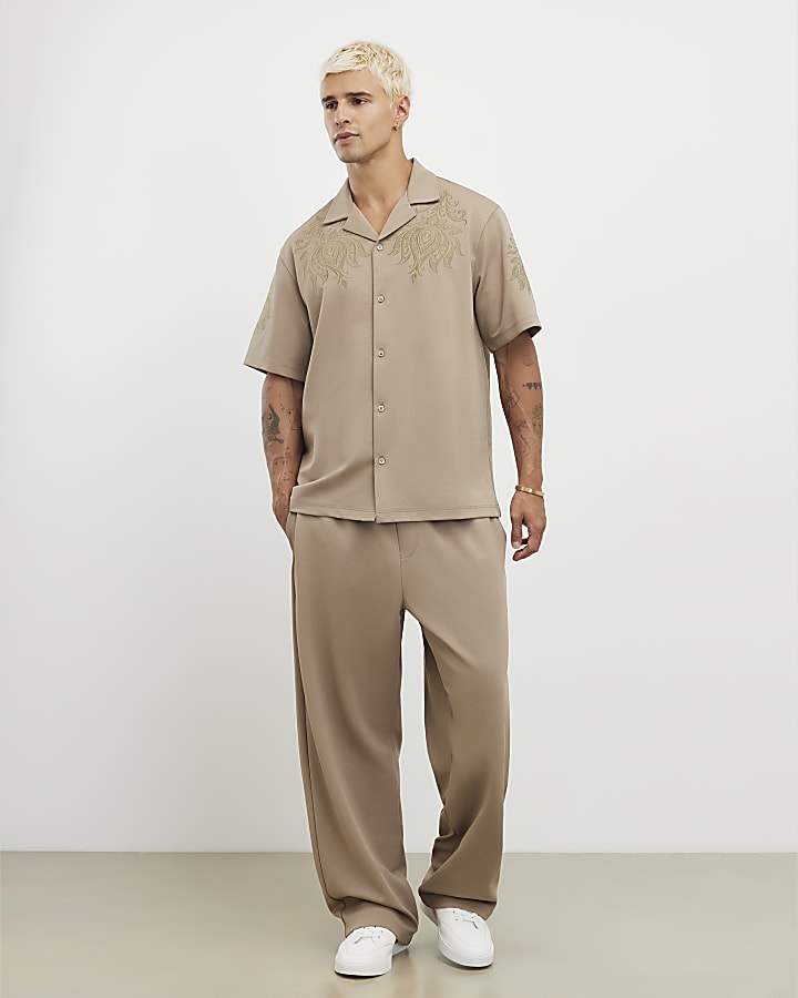 River Island Khaki Regular Fit Paisley Embroidery Shirt