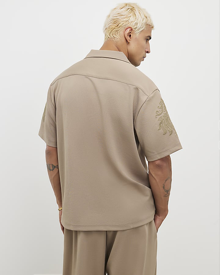 River Island Khaki Regular Fit Paisley Embroidery Shirt