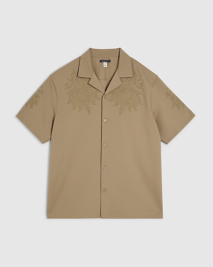 river island Khaki Regular Fit Paisley Embroidery Shirt