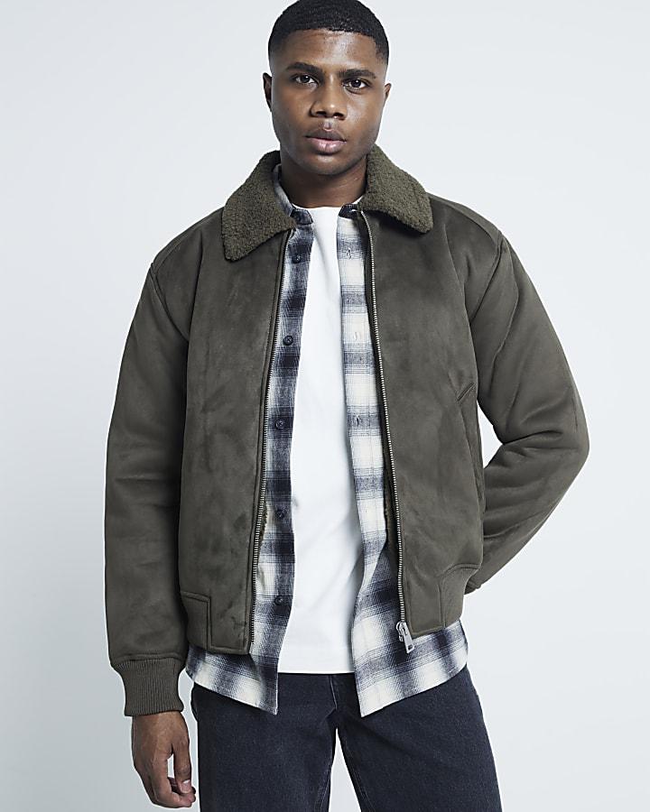 River Island Khaki Regular Fit Shearling Bomber Jacket
