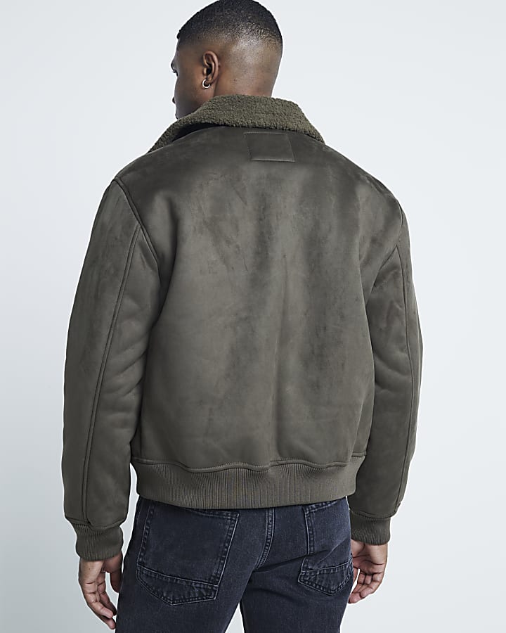 River Island Khaki Regular Fit Shearling Bomber Jacket