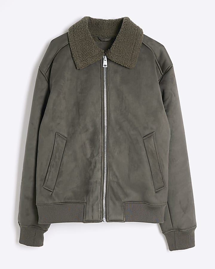 river island Khaki Regular fit Shearling Bomber Jacket