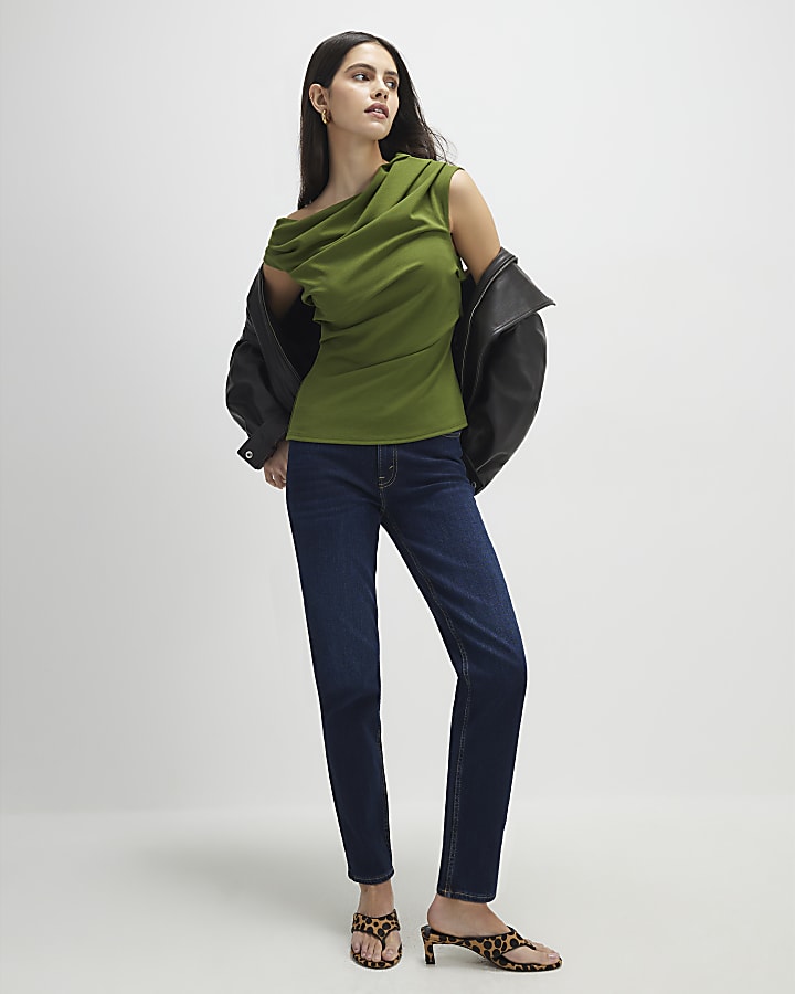 River Island Khaki Short Sleeve Drape Off Shoulder Top