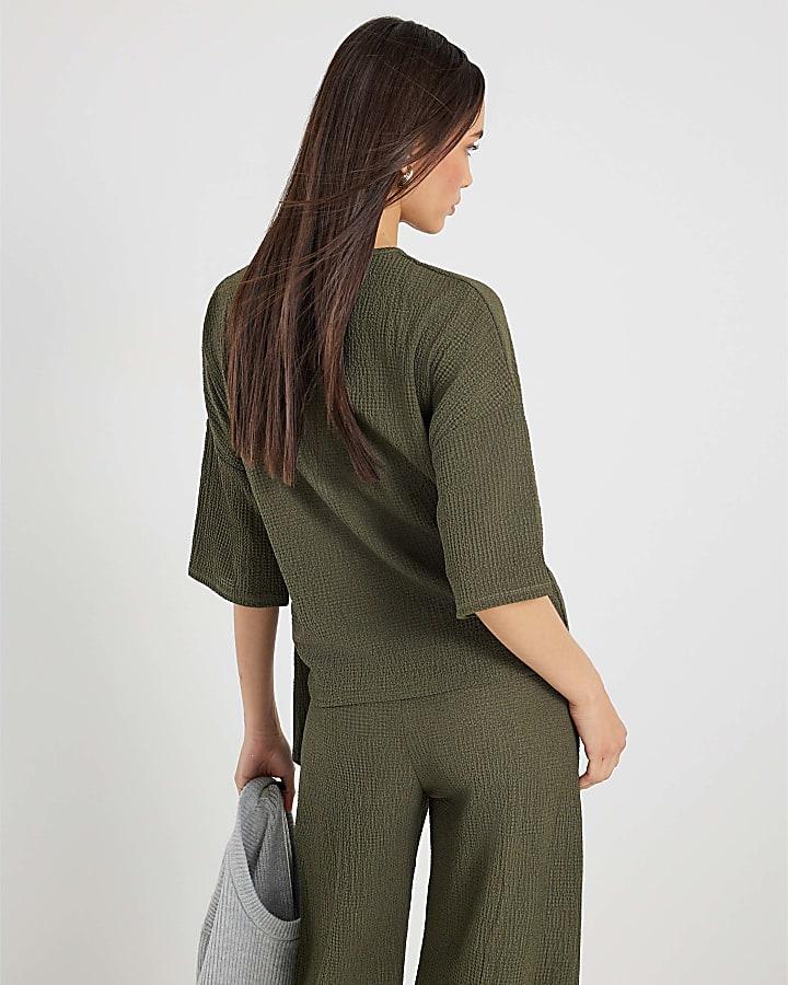 river island Khaki Short Sleeve Textured Tie T-shirt