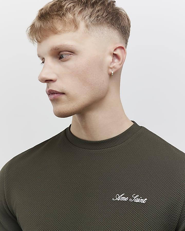 River Island Khaki Slim Fit Textured Ame Saint T-Shirt
