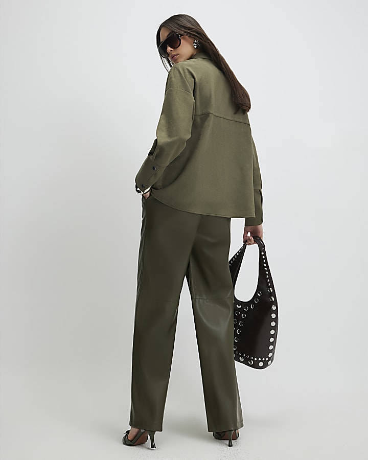 River Island Khaki Wide Leg Buckle Faux Leather Trousers