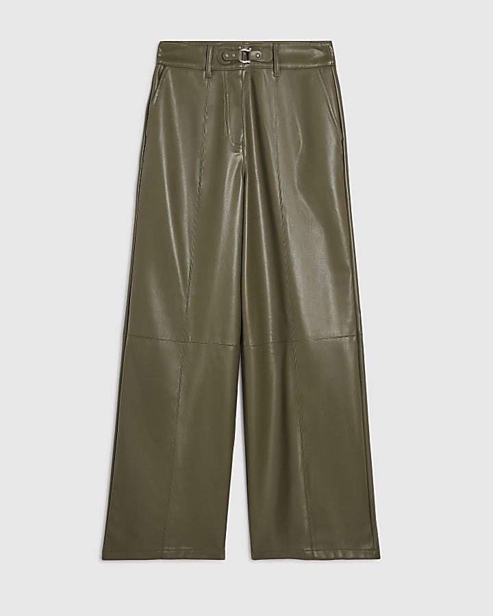 river island Khaki Wide Leg Buckle Faux Leather Trousers