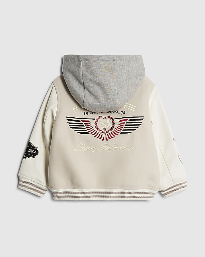 River Island Mini Boys Beige Penrose Badge Bomber Jacket