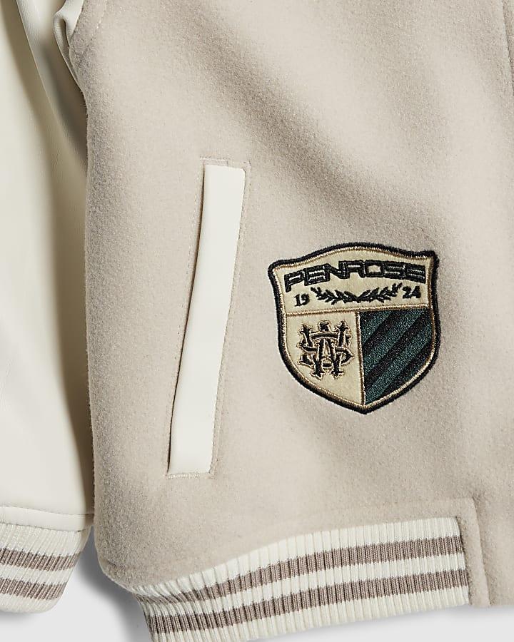 River Island Mini Boys Beige Penrose Badge Bomber Jacket