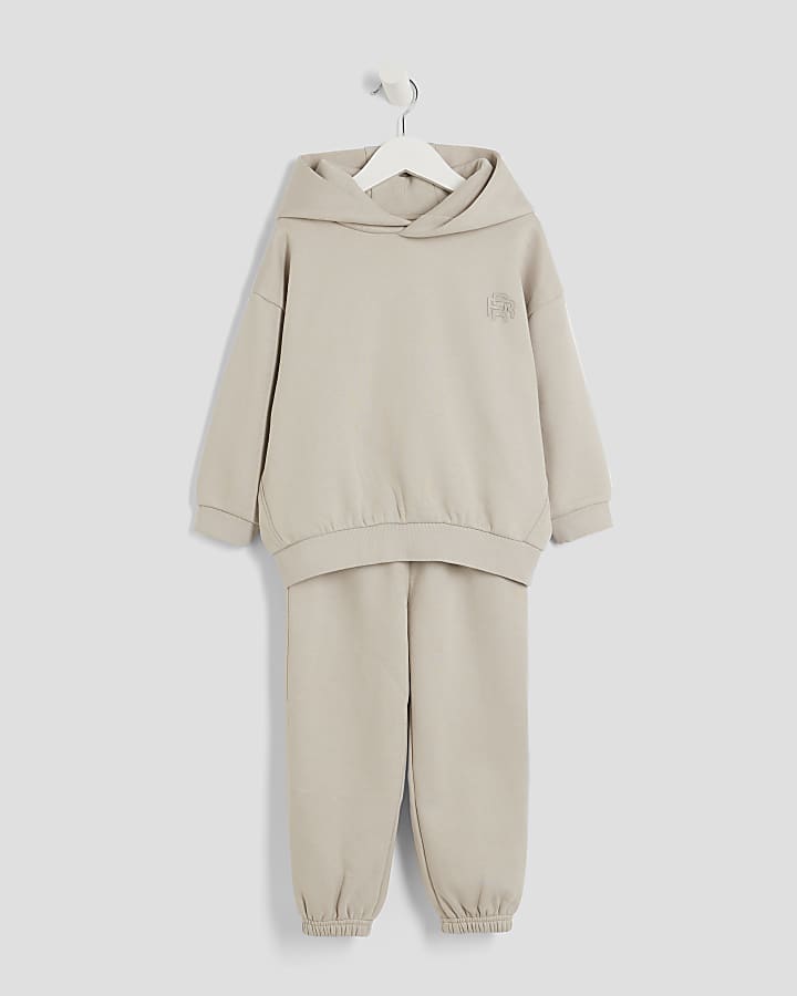 River Island Mini Boys Beige RR Hoodie And Joggers Set