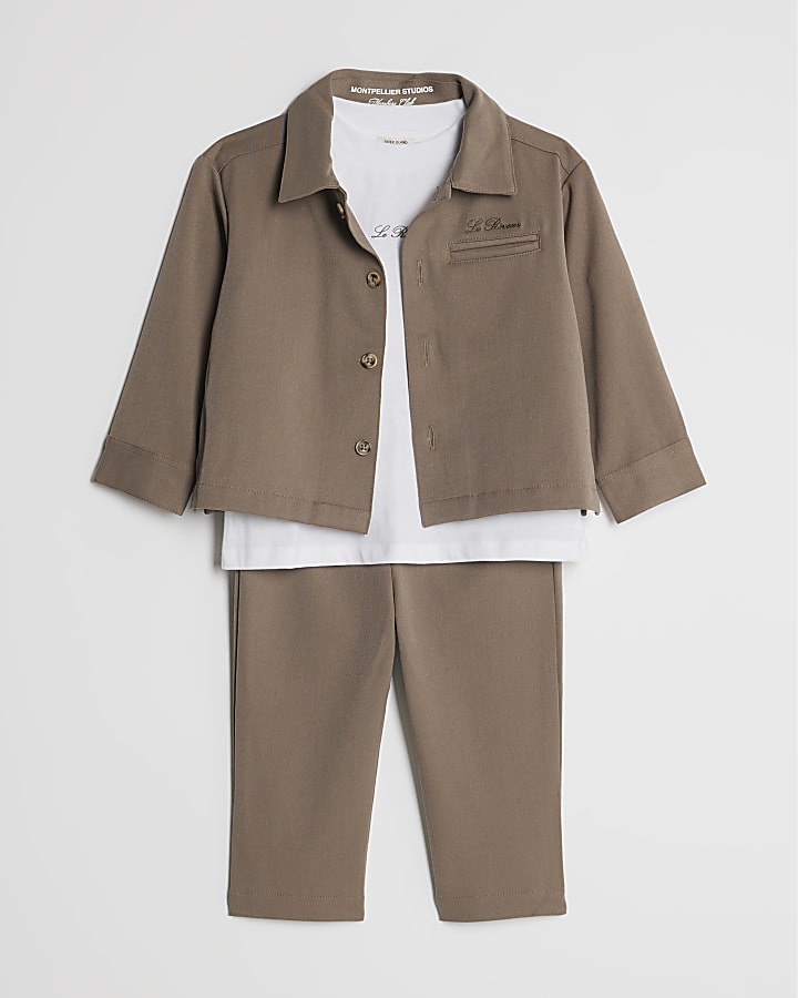 River Island Mini Boys Beige Tailored 3 Piece Shirt Set